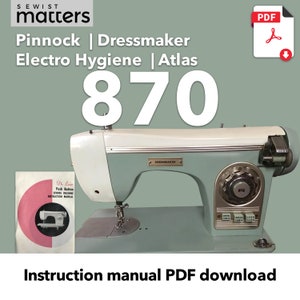 May include: A light blue vintage sewing machine with a white top and a silver trim. The machine is labeled "Dressmaker" and has a push button control panel. The image includes a vintage instruction manual for the machine.