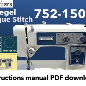 Puede incluir: Una máquina de coser blanca Spiegel Vogue Stitch 752-1500L con un panel de control azul y un libro de instrucciones amarillo. El libro de instrucciones tiene el texto "Buttonhole Zigzag Super Deluxe Model 752-1500L Instruction Book".