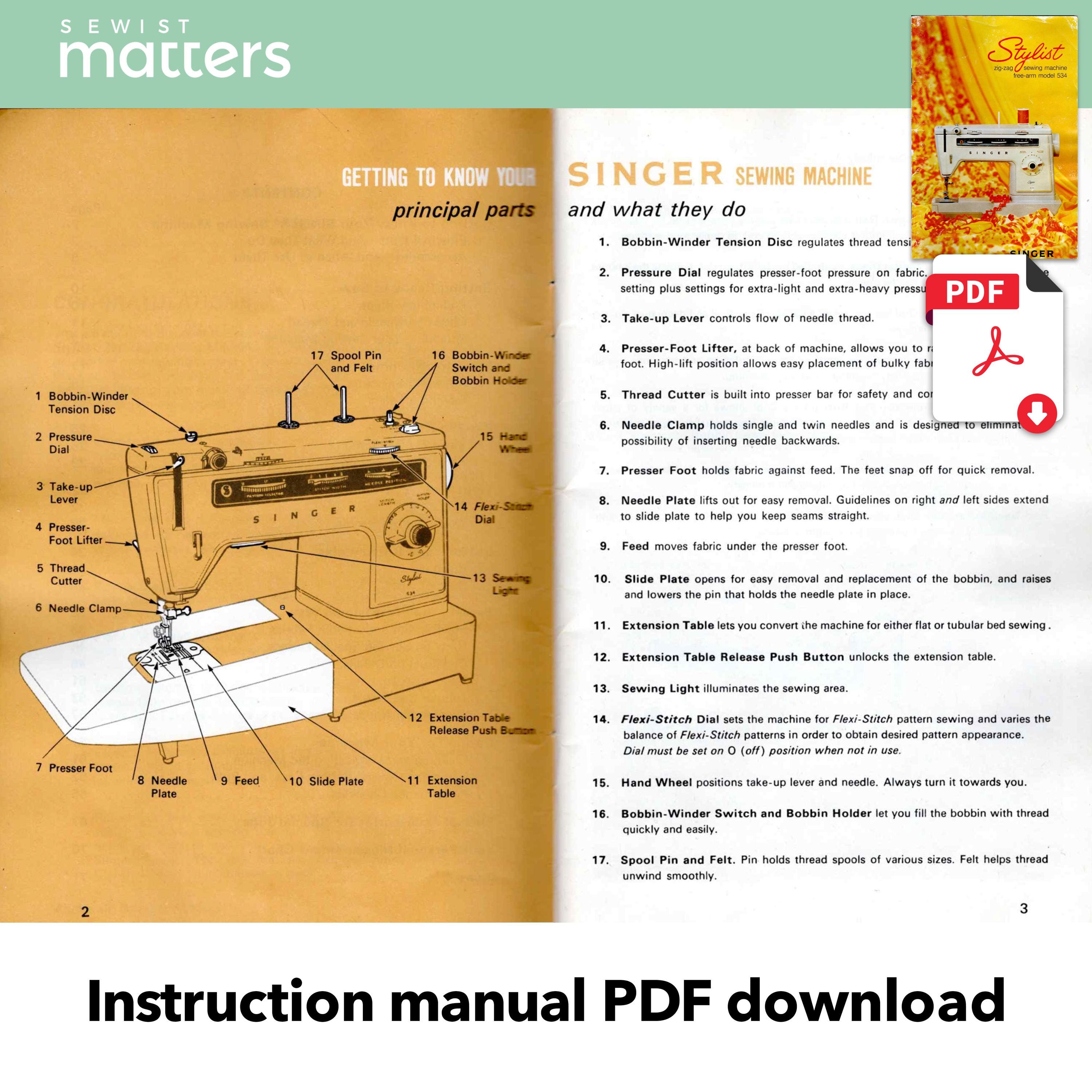 Singer Stylist 534 Zig-zag Sewing Machine Instruction Manual PDF