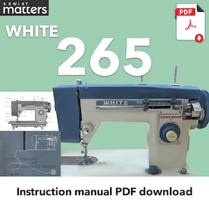 Puede incluir: Una máquina de coser blanca con la parte superior azul y la base blanca. La máquina tiene una etiqueta blanca que dice "WHITE". La máquina está sobre un fondo verde. El texto "Instruction manual PDF download" está en la parte inferior de la imagen.