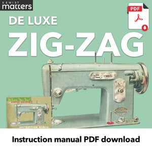 Puede incluir: Una máquina de coser azul vintage con función de puntada en zigzag. La máquina tiene un manual de instrucciones blanco con el texto "De Luxe Zig-Zag! Sewing Machine" en la portada. La imagen incluye el texto "DE LUXE ZIG-ZAG" y "Descarga del manual de instrucciones PDF".