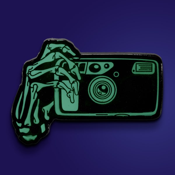 35mm Point and Shoot Film Camera Skeleton Hands Glow in the Dark Lapel Pin