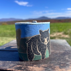 Handbuilt Black Bear Mug, Sgraffito Stoneware Pottery, Woodland Ceramic Coffee Mug