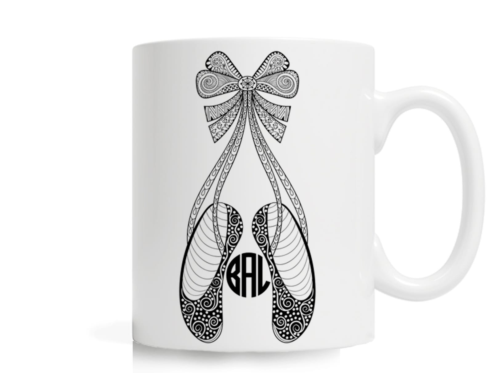 personalized mug, 11 oz ceramic mug, custom mug, intricate drawing, ballet shoes, ballerina shoes, ballerina, delicate design, c