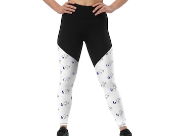 "Leggings ""6 Sis"" mit blauem Liniendesign."