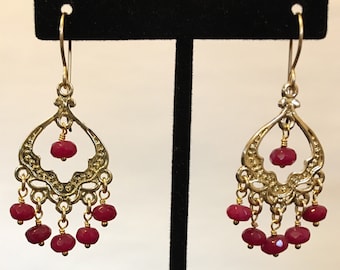 Gold chandelier earrings, chandelier earrings, ruby red jade earrings, jade earrings, silverbymaggie, drop earrings, dangle earrings,