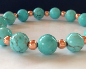 Stretch Bracelet, Copper/ Turquoise, boho bracelet, chakra bracelet, healing bracelet, turquoise earrings, copper bracelet
