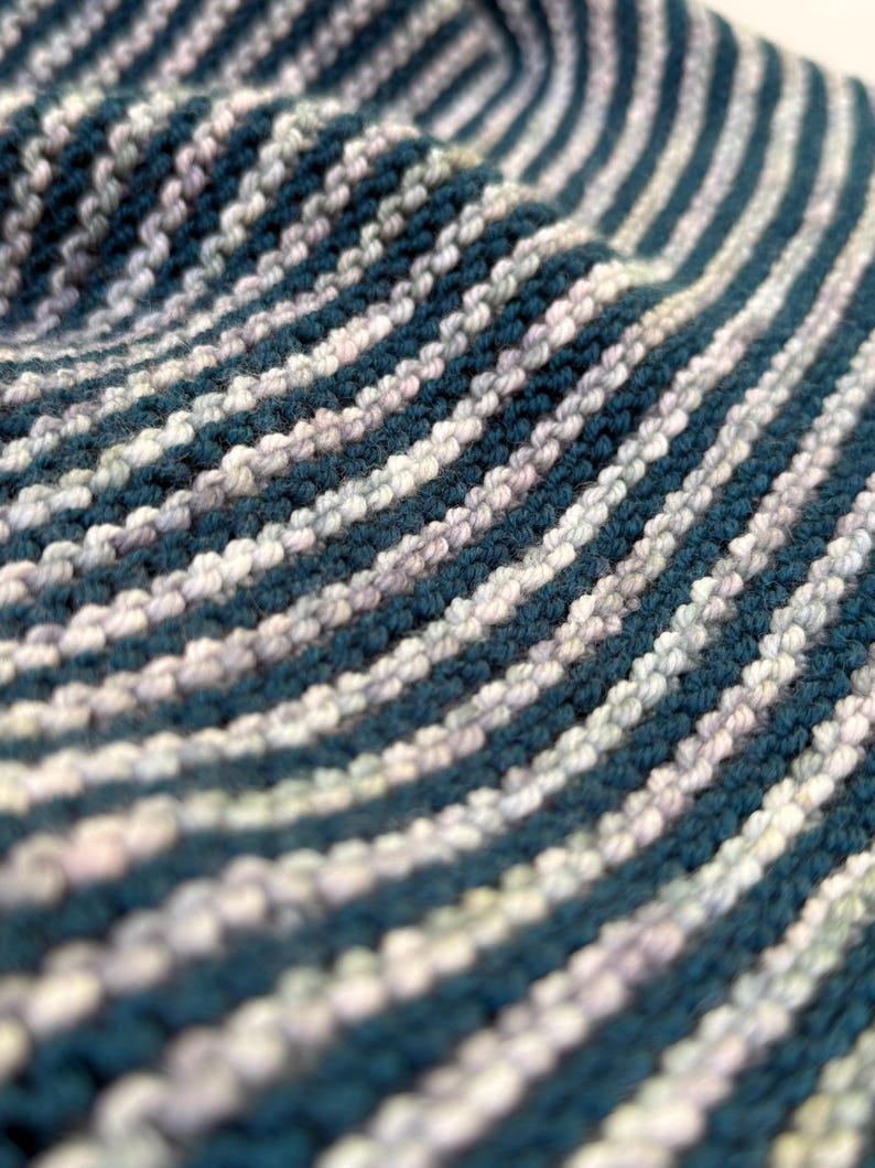 May include: Close-up of a knitted fabric with a striped pattern. The alternating stripes are teal and off-white, creating a textured surface. The knitwear appears soft and flexible, with visible stitch detail.