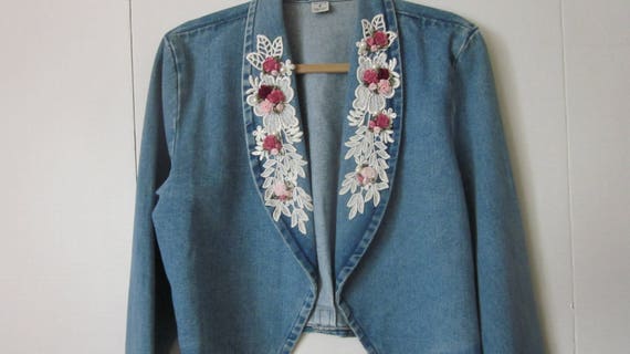 Denim Jacket with Lace Collar Vintage Clothes Sale - image 1