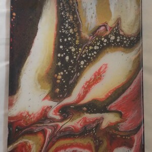 May include: Abstract painting with swirling patterns in shades of red, white, gold, and black.