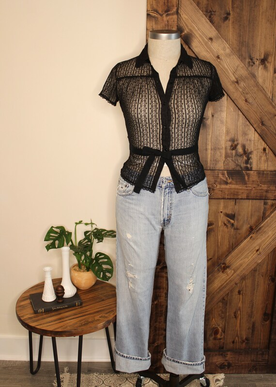 2000s Black Lace Button-down