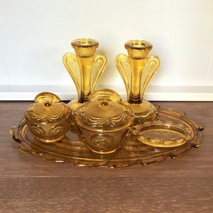 Art deco glass dressing table set of two candlesticks and vanity pots, ring dish and tray, country cottage style bedroom decor, c1930's.