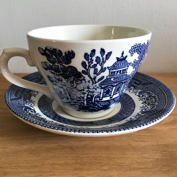 Vintage teacup and saucer set by Broadhurst England in the Old Willow Blue pattern, seconds replacement china or use for crafting, c1960's.