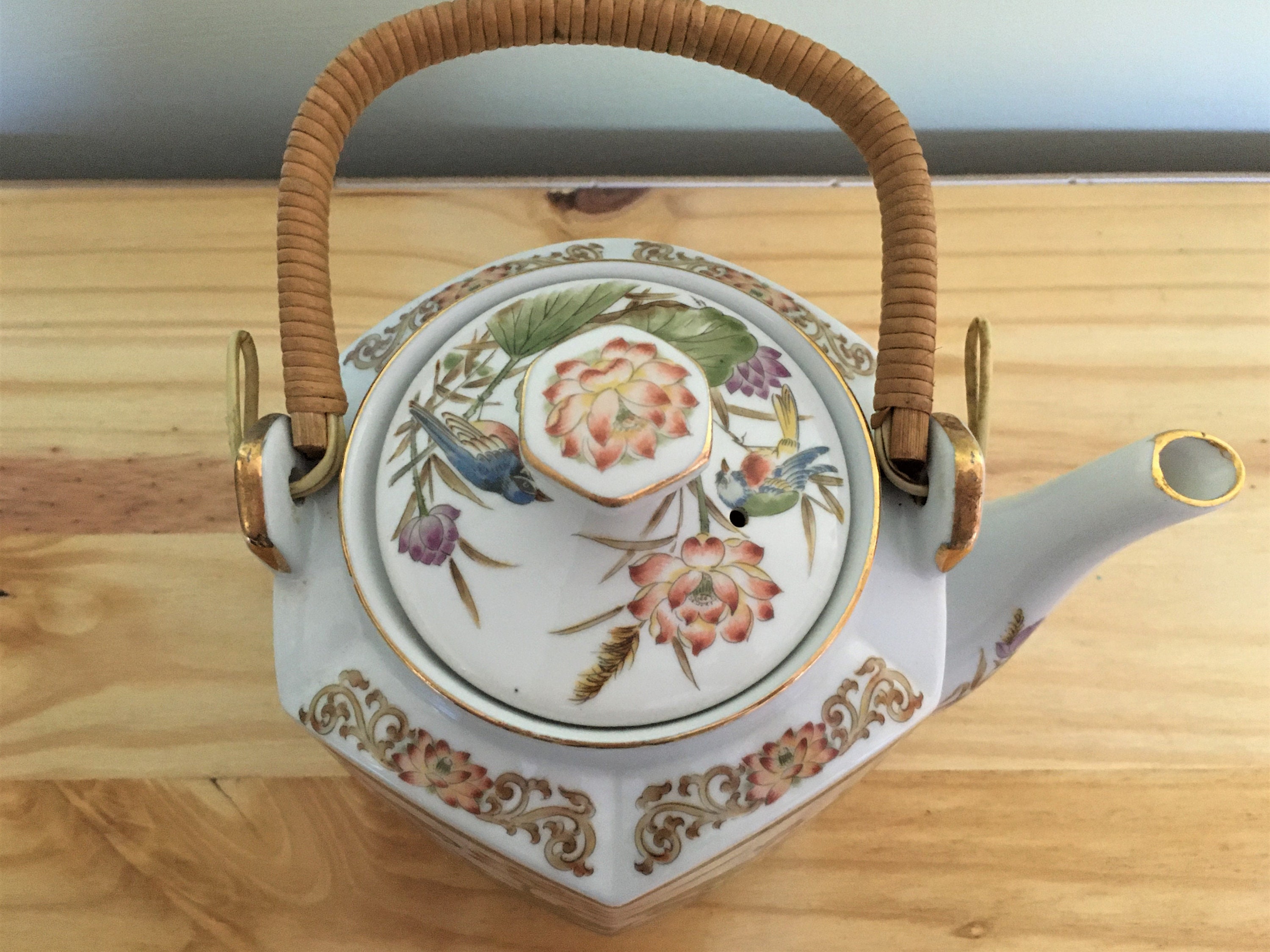 Vintage Teapot Wicker Handle Teapot Oriental Style. Etsy