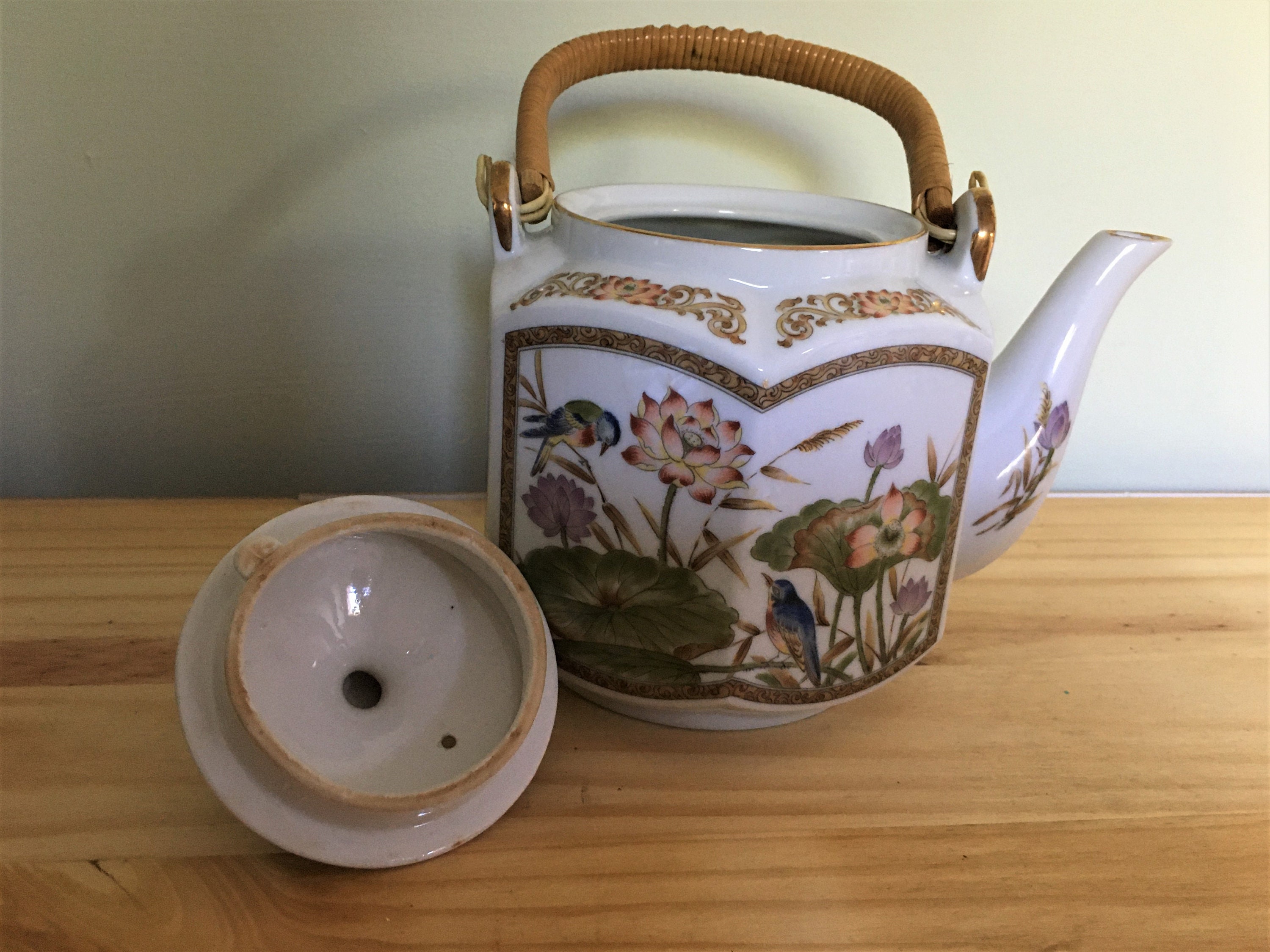 Vintage Teapot Wicker Handle Teapot Oriental Style. Etsy
