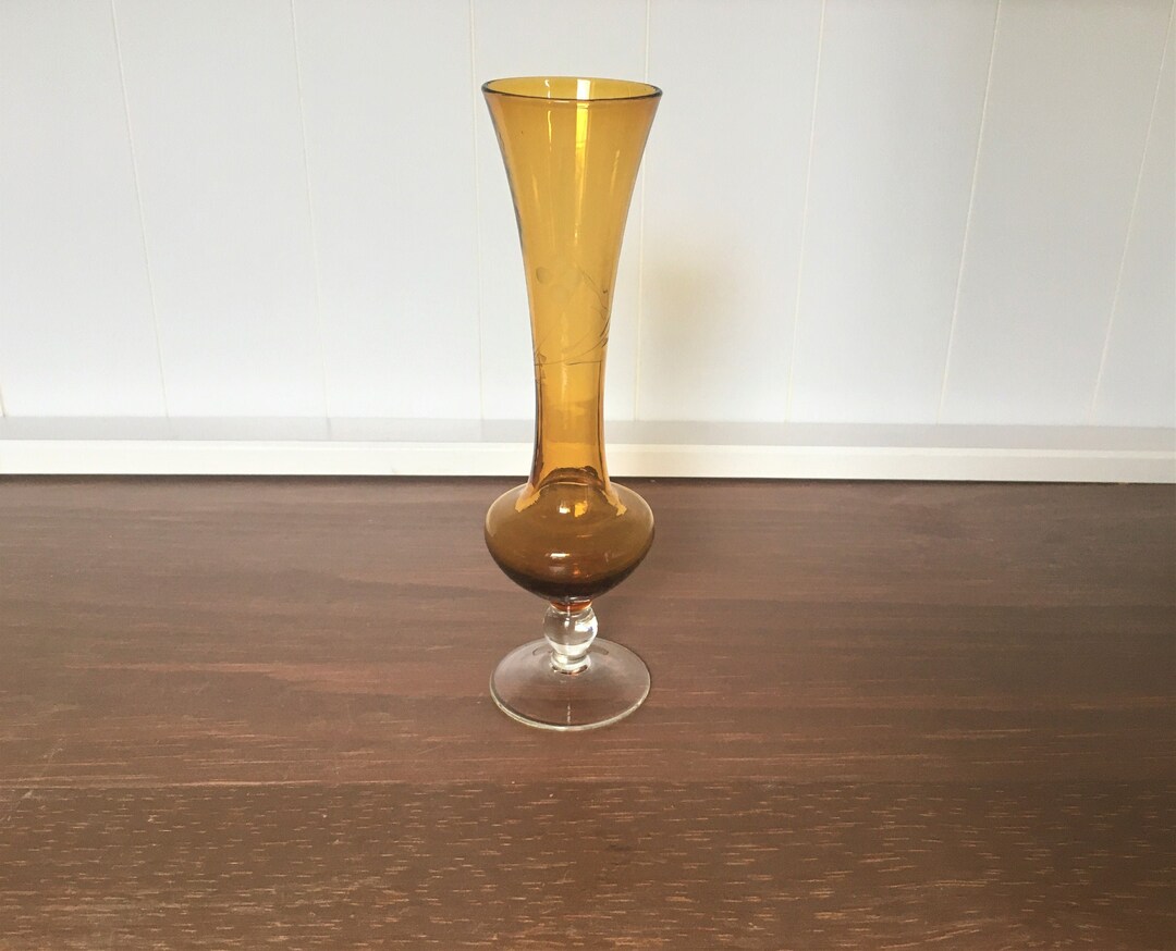 Vintage Small Amber Glass Flower Vase With a Clear Stem and Etsy