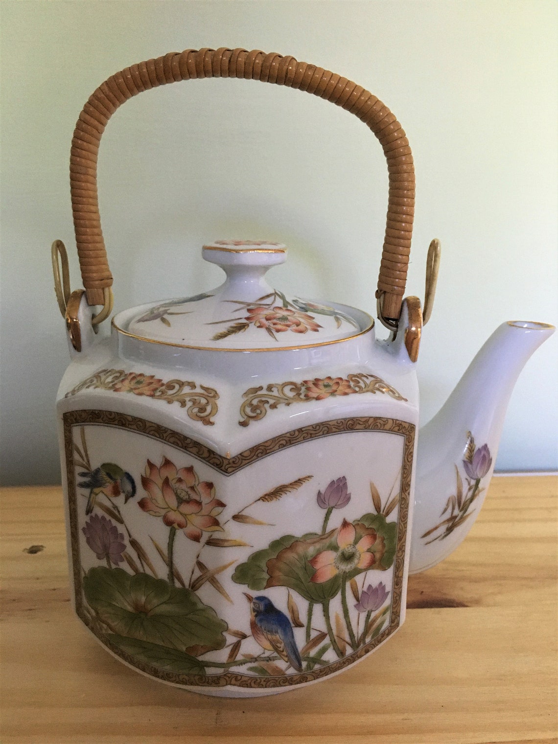 Vintage Teapot Wicker Handle Teapot Oriental Style. Etsy