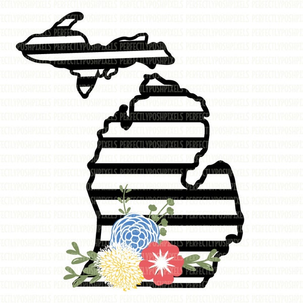 Michigan SVG Black and White State Printable Clipart Floral Swag Silhouette Studio Cricut Design Space Cuttable Cut File Scrapbooking