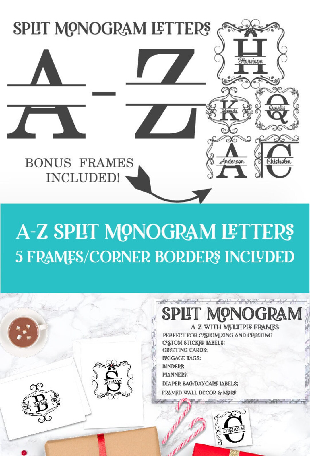 SVG, Split Monogram, Monogram Frame Silhouette, Cricut, DXF for Circut ...