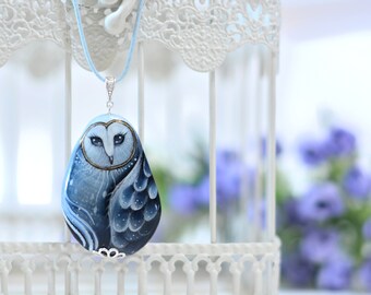 Hand painted stone Barn Owl pendant/necklace 925 Sterling Silver FREE SHIPPING