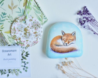 Red Fox - Painting on Stone Rock Painting,  Christmas scene