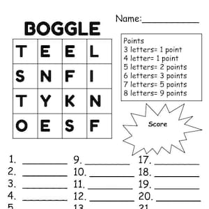 Pode incluir: Um tabuleiro de jogo Boggle preto e branco com peças de letras dispostas em uma grade de 4x4. As letras são T, E, E, L, S, N, F, I, T, Y, K, N, O, E, S, F. O tabuleiro de jogo é cercado por uma borda branca. O tabuleiro de jogo está em um fundo branco. Há uma tabela de pontos à direita do tabuleiro de jogo. A tabela de pontos lista a quantidade de pontos concedidos por palavras de diferentes comprimentos. Há 24 linhas em branco para que os jogadores escrevam suas palavras.