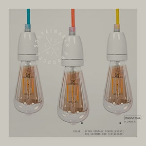 Oscar - retro vintage pendant lamp made of ceramic and textile cable in neon orange, neon yellow and neon blue, the gift idea