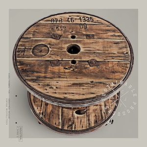 May include: A rustic, wooden cable spool repurposed as a table. The top and bottom are made of weathered, brown planks with metal banding. The top has a large central hole and stamped numbers. The text "SUSTAINABLE PRODUCTS" is visible.