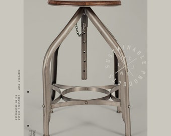 Humphrey Pump– Handmade Industrie-Design Hocker aus Metall mit Holzsitz in silber, höhenverstellbar, die Geschenkidee zu Weihnachten