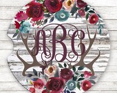 Personalized Monogram Sandstone Car Coasters with Red Burgundy Rose Antlers over Distressed White Wood Background Car Accessories for Women