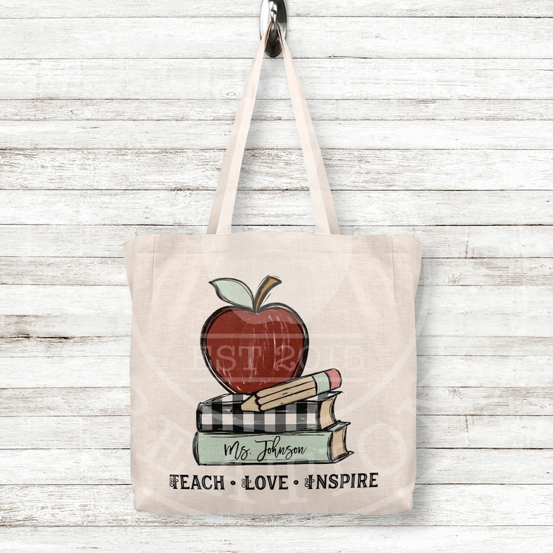 Teach Love Inspire Teacher Tote Bag Personalized Tote Bag with Apple Pencil Books Teacher Gifts Teacher Bag Personalized Custom Name Tote