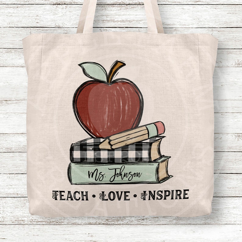 Teach Love Inspire Teacher Tote Bag Personalized Tote Bag with Apple Pencil Books Teacher Gifts Teacher Bag Personalized Custom Name Tote