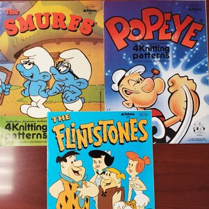 3 ulotki Patons Astra Intarsia #527 Smerfy #529 Flintstonowie #531 Popeye każda zawiera 4 wzory robienia na drutach podstawowe instrukcje dotyczące swetra wszystkie rozmiary
