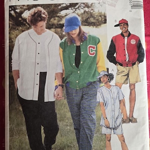 May include: McCall's sewing pattern featuring illustrations of baseball-themed outfits. The cover shows a white baseball jersey, a green and yellow letterman jacket, and a red jacket. The text "Learn to Sew for Fun" is visible.