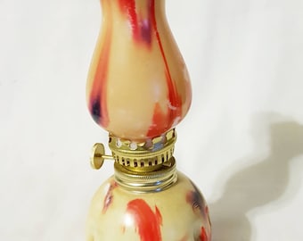 Groovy hand painted oil lamp with chimney in reds and cream new unused wick & metal bracket unit 7.5" tall assembled