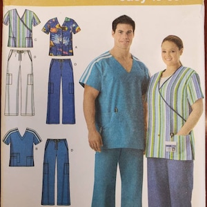 May include: A sewing pattern for scrubs, featuring a blue and green striped top, a blue top with white stripes on the sleeves, and blue trousers with pockets. The pattern is for sizes small, medium, and large. The pattern is from Simplicity and is easy to sew.