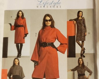 Butterick B5104 ライフスタイル ワードローブ 未カット縫製パターン ハイネック ドロップショルダー ジャケット コート プルオーバー トップ ドレス & パンツ サイズ 8 10 12 14