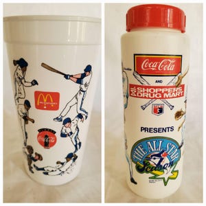 Pair of 1990s Toronto Blue Jays souvenir plastic drink cups 1992-93 Back to Back World Series & 1991 All Star Season lidded cup no straw