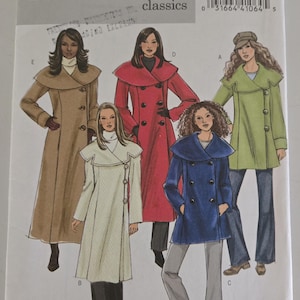 May include: A Butterick B4875 sewing pattern envelope featuring illustrations of five coats with large collars. The designs include a long tan coat, a long white coat, a long red coat, a short blue coat, and a short light green coat with a cap.