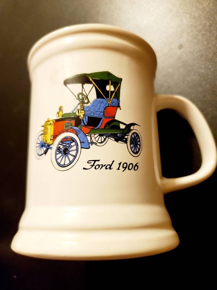 Vintage Ulster Made in Ireland beer stein/mug/tankard Ford 1906 classic car design on white 4.5"H 3.5"W at base 3.25" rim diameter
