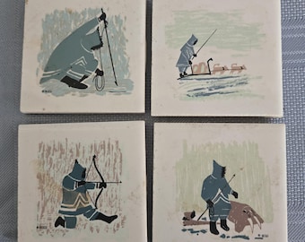 Set mit 4 Vintage Mika 3 "Keramikfliesen Inuit traditionellen Szenen