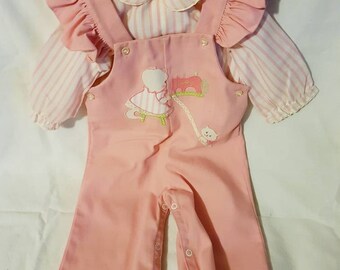 Raphael striped long sleeve button back blouse pink overall set poly cotton 12 mo snap closed legs button strap & waist with applique design