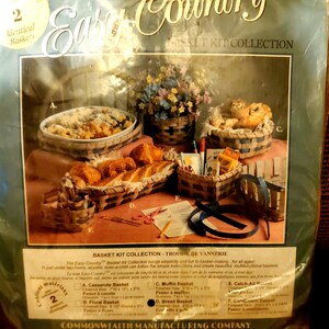 May include: A set of Easy Country Basket Kits for making various baskets. The kits include instructions and materials for making a casserole basket, floral basket, muffin basket, bread basket, catch-all basket, and condiment basket. The kits are made by Commonwealth Manufacturing Company.