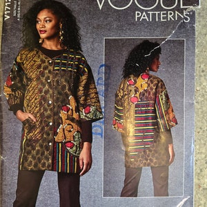 Peut inclure: Un patron de couture pour une veste avec un imprimé géométrique coloré. Le patron est de Vogue Patterns et est conçu par Júlio César. Le patron est pour les tailles XS-S-M-L-XL-XXL.