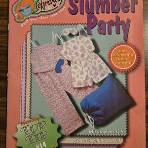 May include: A sewing pattern for a slumber party set, featuring a pink and blue pyjama top and trousers, a blue pillow duffel bag, and a pink and white eye mask. The pattern is called "Slumber Party" and is number 1014. The pattern is from the "Express Sew" line, where "your ideas come alive".