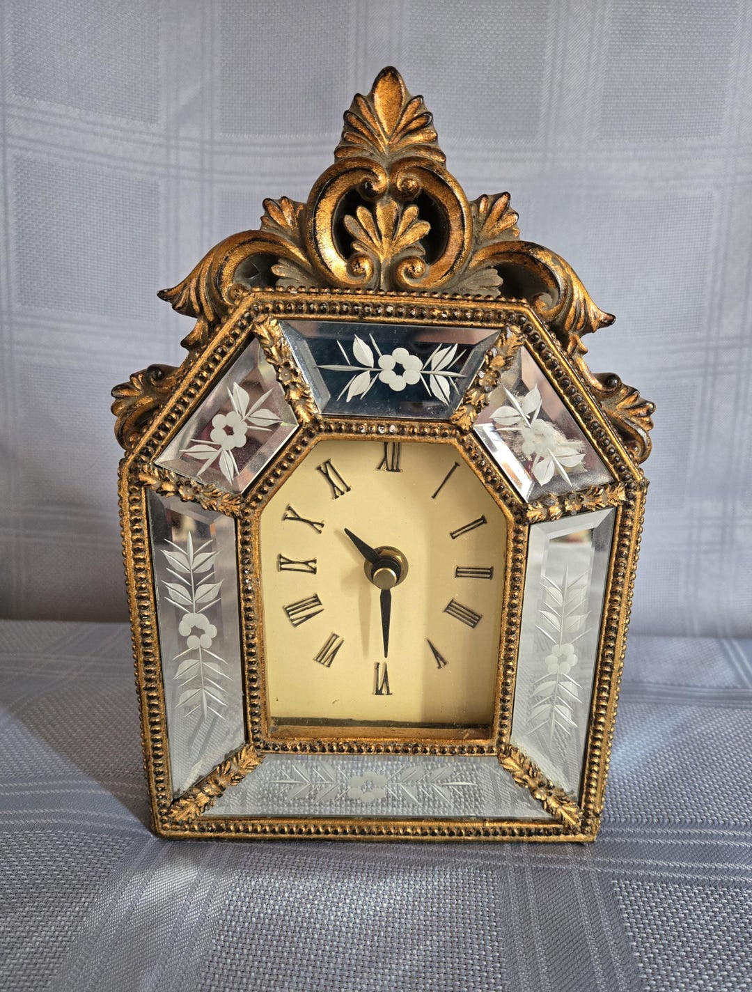 French or Italian Ornate Mantel Clock, Gilded Resin Frame, Etched Glass ...