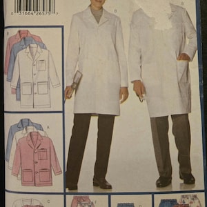 May include: A sewing pattern for professional uniforms, featuring a white lab coat and various styles of jackets, pants, and shorts. The pattern includes sizes XS-S-M. The brand is Butterick, and the Uniform Basics collection is displayed.