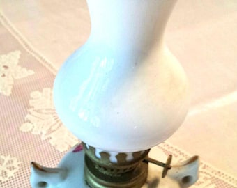 Miniature vintage genie bottle oil lamp porcelain base with 1 handle clear glass chimney rose design gilt trim 1950s unused wick 6&quot;H×5&quot;L
