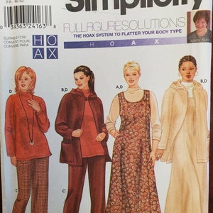 May include: A sewing pattern for women's clothing, featuring three different styles: a long dress with a floral print, a tunic with a hood, and a pair of trousers. The pattern is from Simplicity and is for sizes 18W-24W. The text on the pattern reads "Full Figure Solutions, The Hoax System to Flatter Your Body Type".