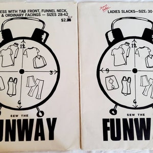 Sew the Funway uncut sewing patterns Basic Dress tab front funnel or boat neck sz 28-42 & Ladies Slacks sz 30-46